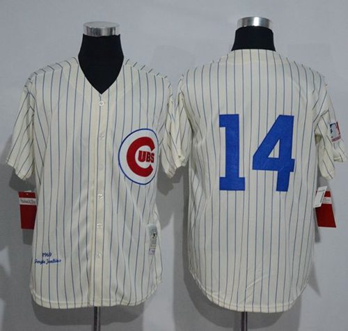 Mitchell And Ness 1969 Cubs #14 Ernie Banks Cream Strip Throwback Stitched MLB Jersey - Click Image to Close